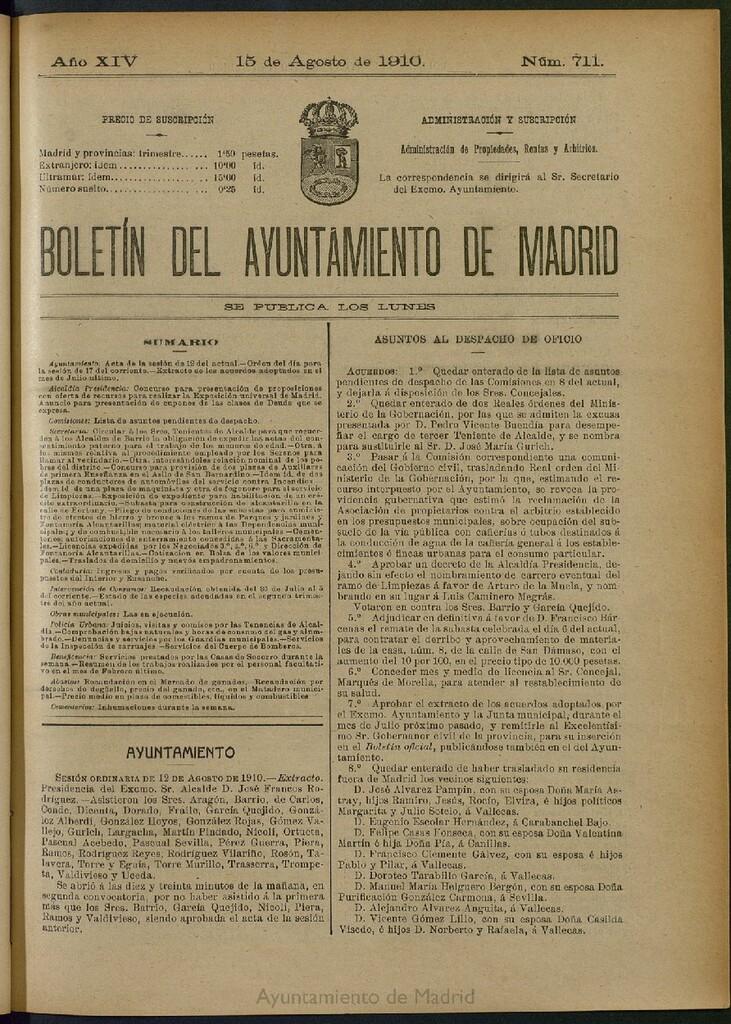 Miniatura de Boletín Oficial del Ayuntamiento de Madrid del 15 de agosto de 1910, nº 711