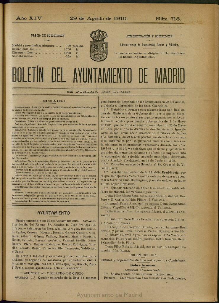 Miniatura de Boletín Oficial del Ayuntamiento de Madrid del 29 de agosto de 1910, nº 713