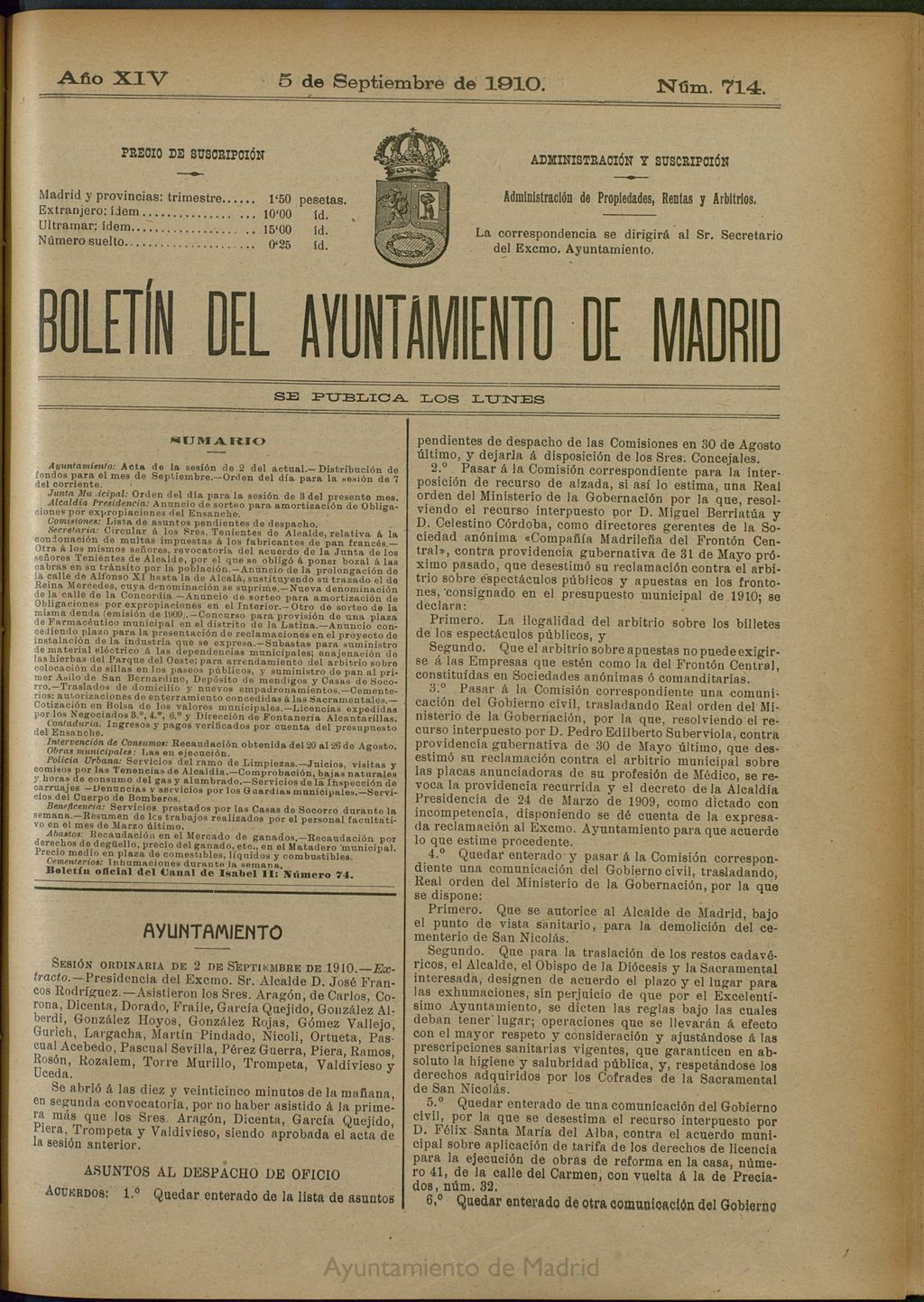 Miniatura de Boletín Oficial del Ayuntamiento de Madrid del 5 de septiembre de 1910, nº 714