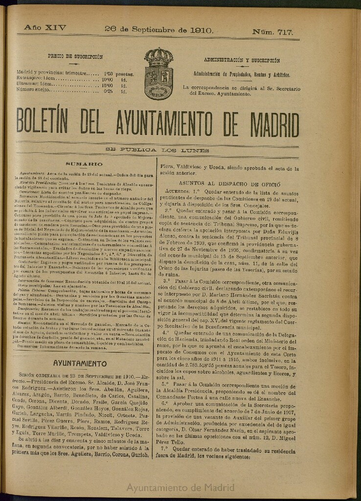 Miniatura de Boletín Oficial del Ayuntamiento de Madrid del 26 de septiembre de 1910, nº 717