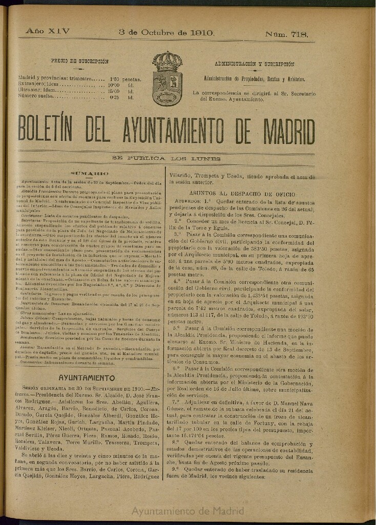 Miniatura de Boletín Oficial del Ayuntamiento de Madrid del 3 de octubre de 1910, nº 718