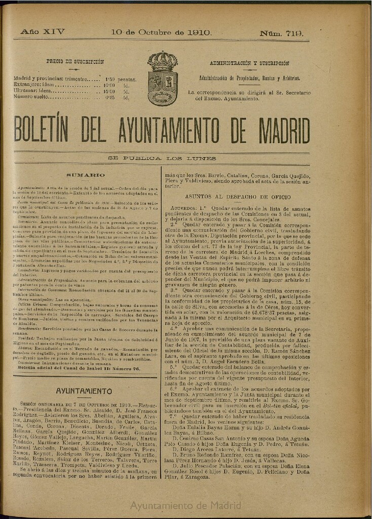 Miniatura de Boletín Oficial del Ayuntamiento de Madrid del 10 de octubre de 1910, nº 719
