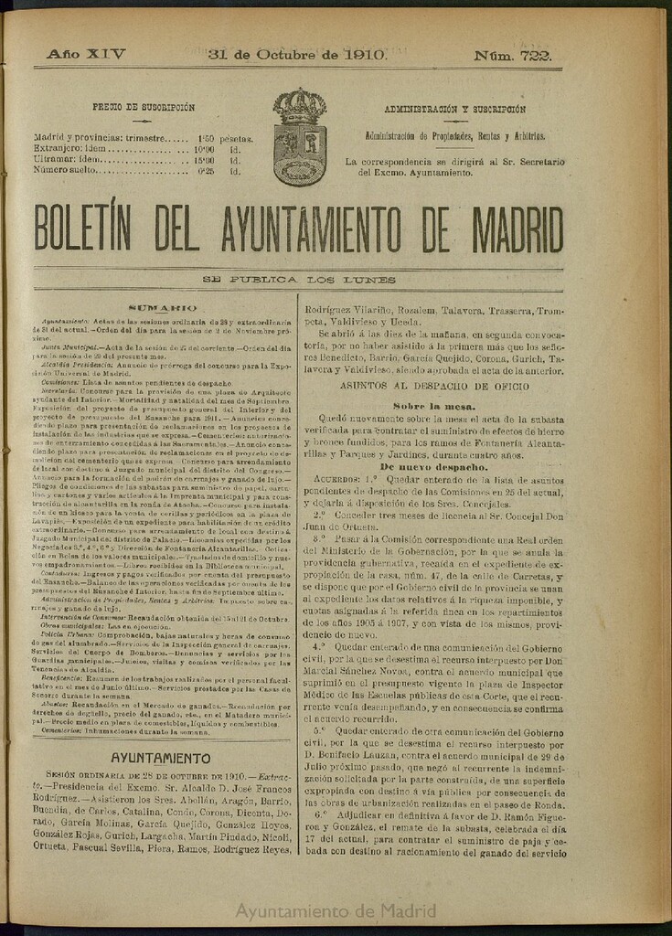 Miniatura de Boletín Oficial del Ayuntamiento de Madrid del 31 de octubre de 1910, nº 722