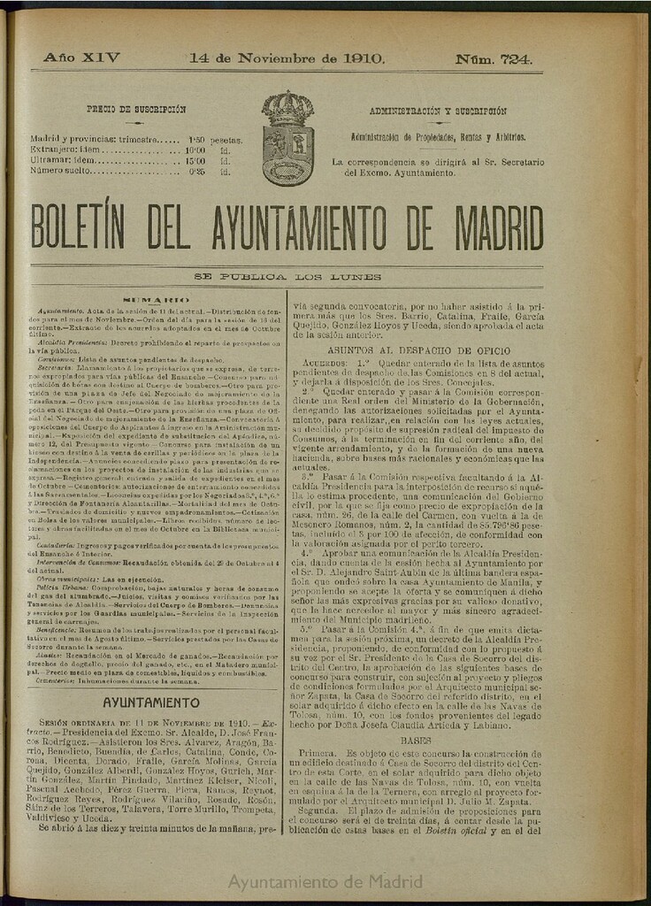 Miniatura de Boletín Oficial del Ayuntamiento de Madrid del 14 de noviembre de 1910, nº 724