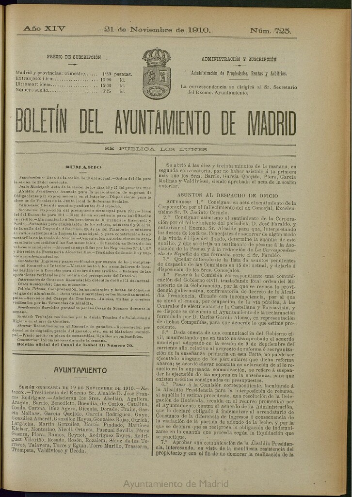 Miniatura de Boletín Oficial del Ayuntamiento de Madrid del 21 de noviembre de 1910, nº 725