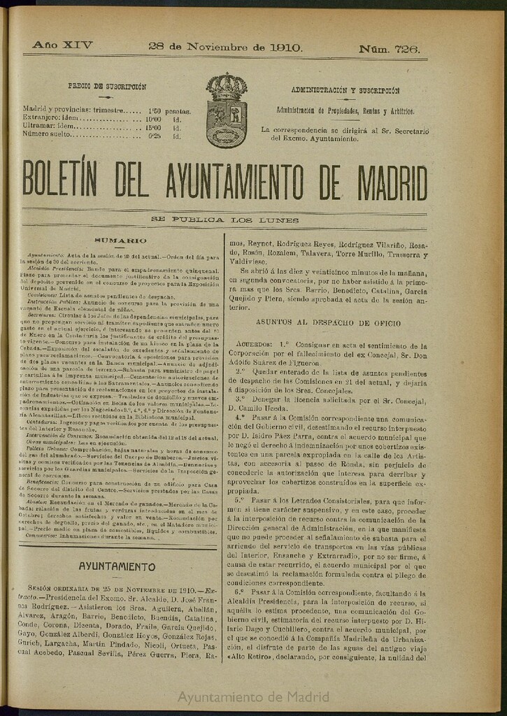Miniatura de Boletín Oficial del Ayuntamiento de Madrid del 28 de noviembre de 1910, nº 726