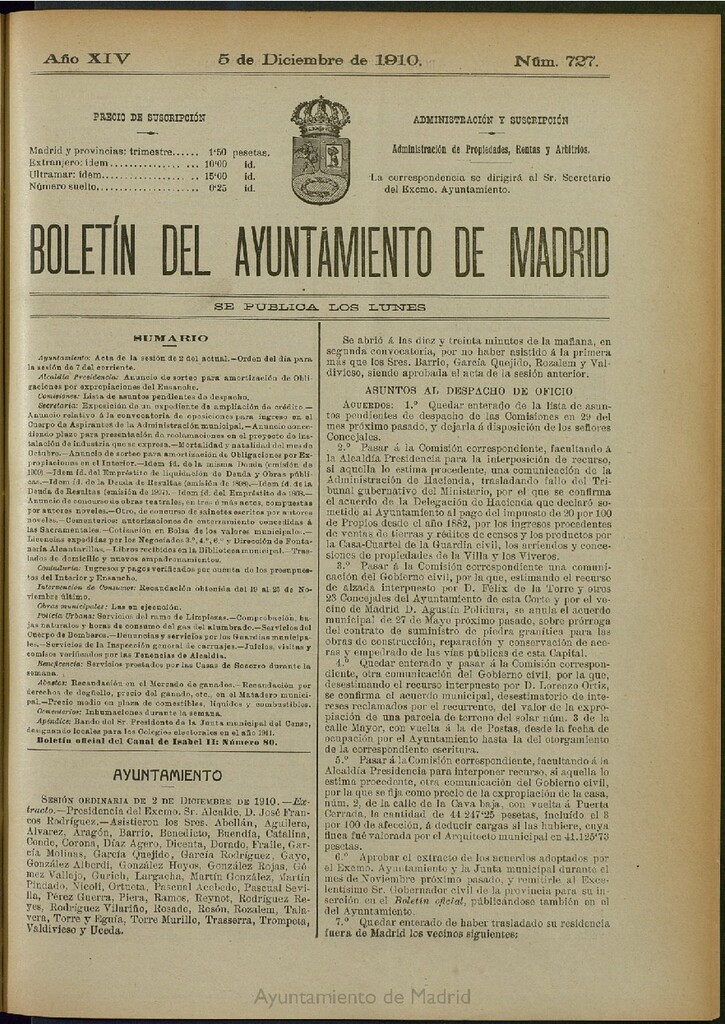 Miniatura de Boletín Oficial del Ayuntamiento de Madrid del 5 de diciembre de 1910, nº 727