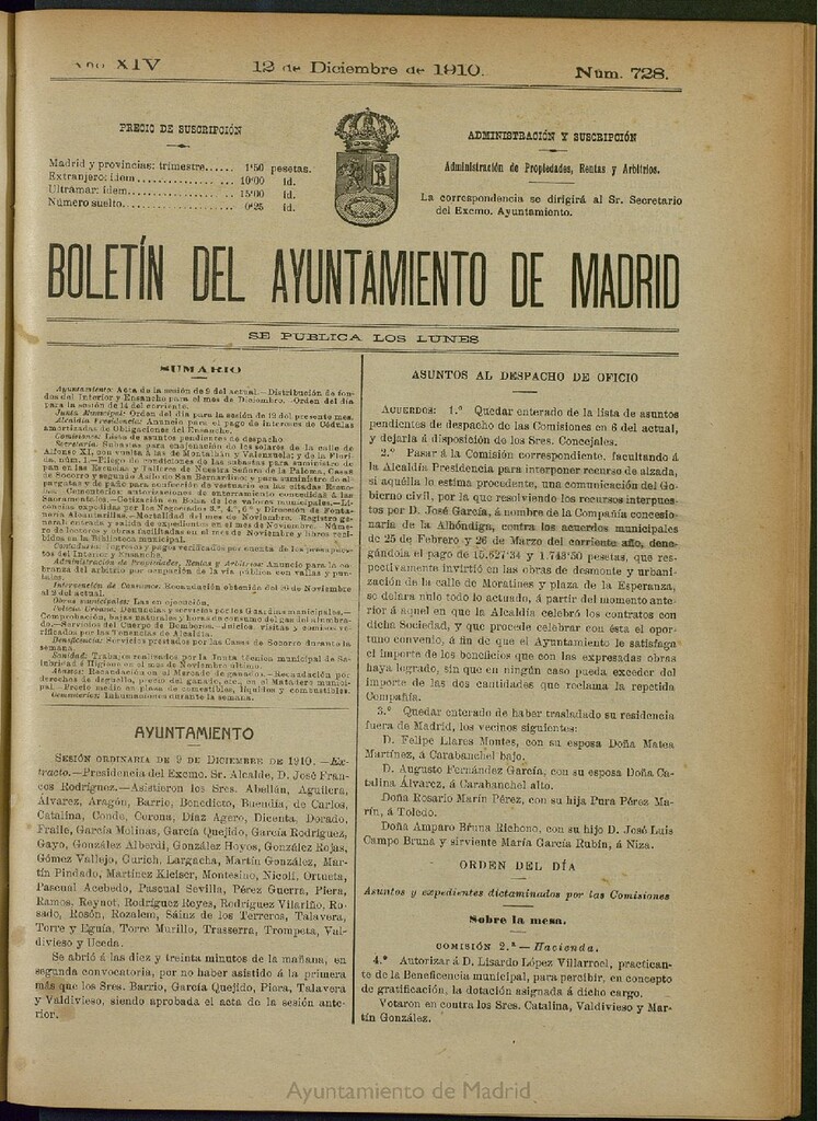 Miniatura de Boletín Oficial del Ayuntamiento de Madrid del 12 de diciembre de 1910, nº 728