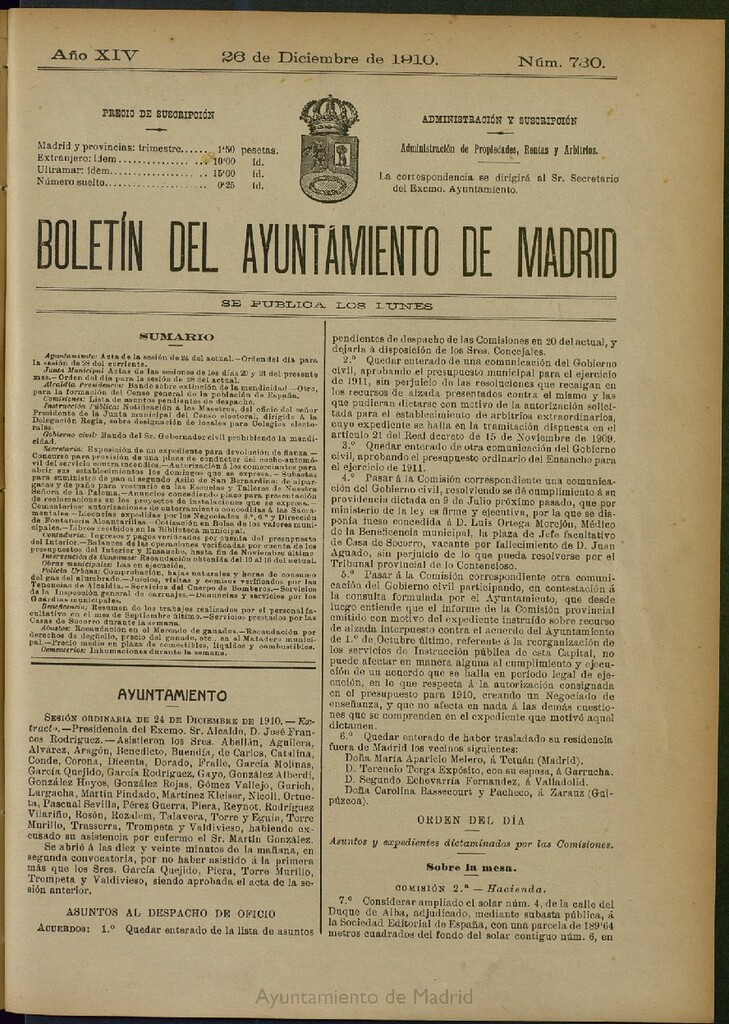 Miniatura de Boletín Oficial del Ayuntamiento de Madrid del 26 de diciembre de 1910, nº 730