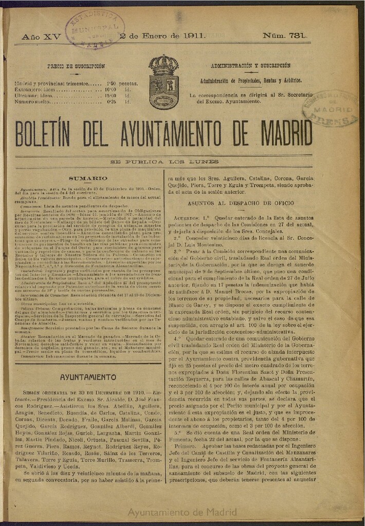Miniatura de Boletín Oficial del Ayuntamiento de Madrid del 2 de enero de 1911, nº 731