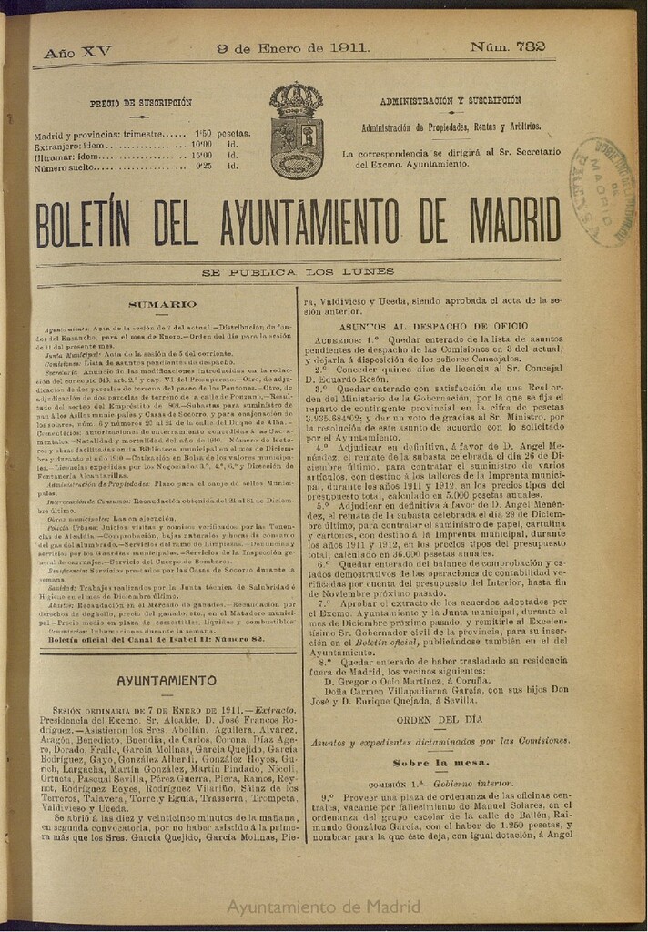 Miniatura de Boletín Oficial del Ayuntamiento de Madrid del 9 de enero de 1911, nº 732