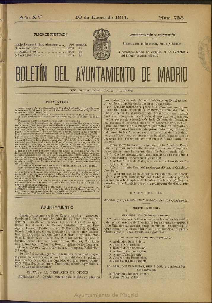 Miniatura de Boletín Oficial del Ayuntamiento de Madrid del 16 de enero de 1911, nº 733