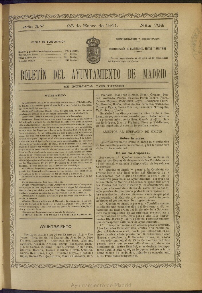 Miniatura de Boletín Oficial del Ayuntamiento de Madrid del 23 de enero de 1911, nº 734