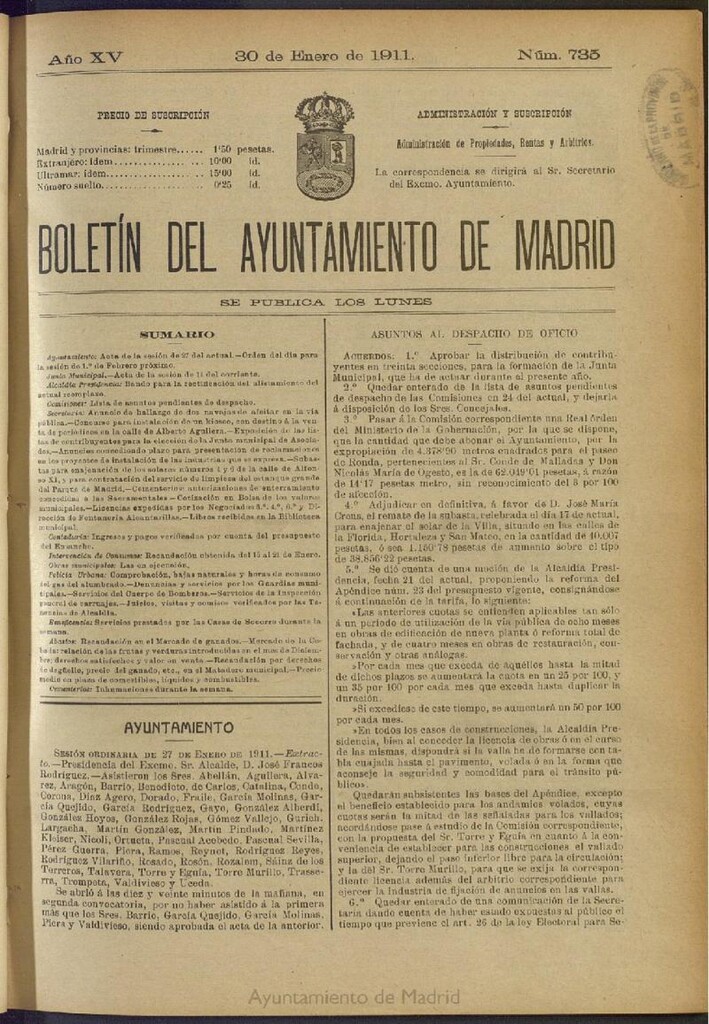 Miniatura de Boletín Oficial del Ayuntamiento de Madrid del 30 de enero de 1911, nº 735
