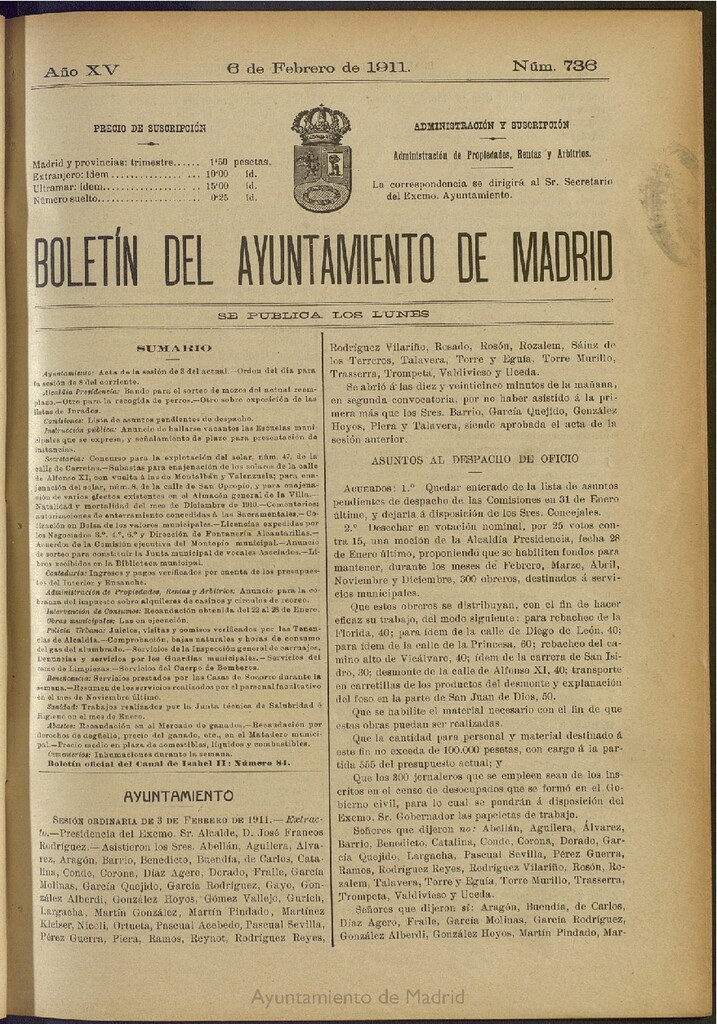 Miniatura de Boletín Oficial del Ayuntamiento de Madrid del 6 de febrero de 1911, nº 736
