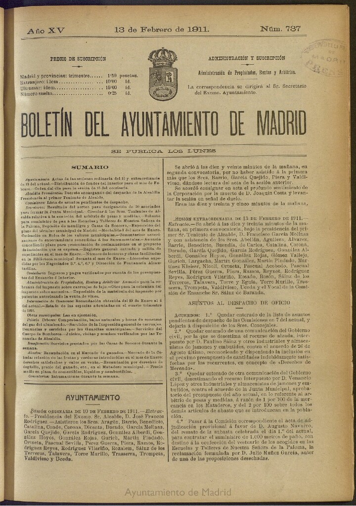Miniatura de Boletín Oficial del Ayuntamiento de Madrid del 13 de febrero de 1911, nº 737