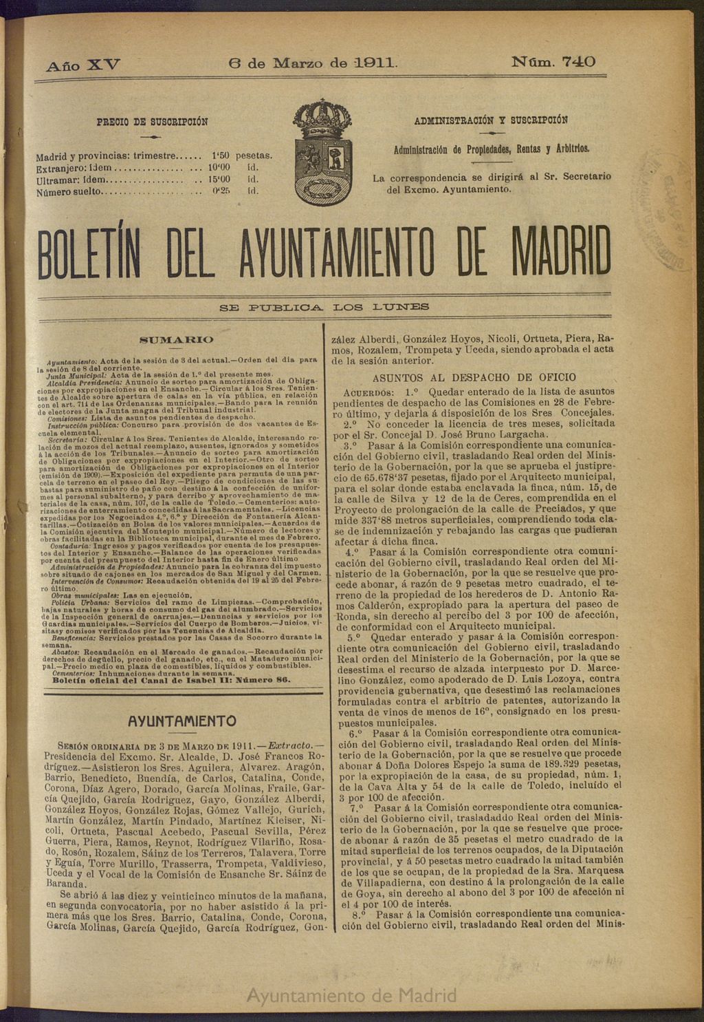 Miniatura de Boletín Oficial del Ayuntamiento de Madrid del 6 de marzo de 1911, nº 740