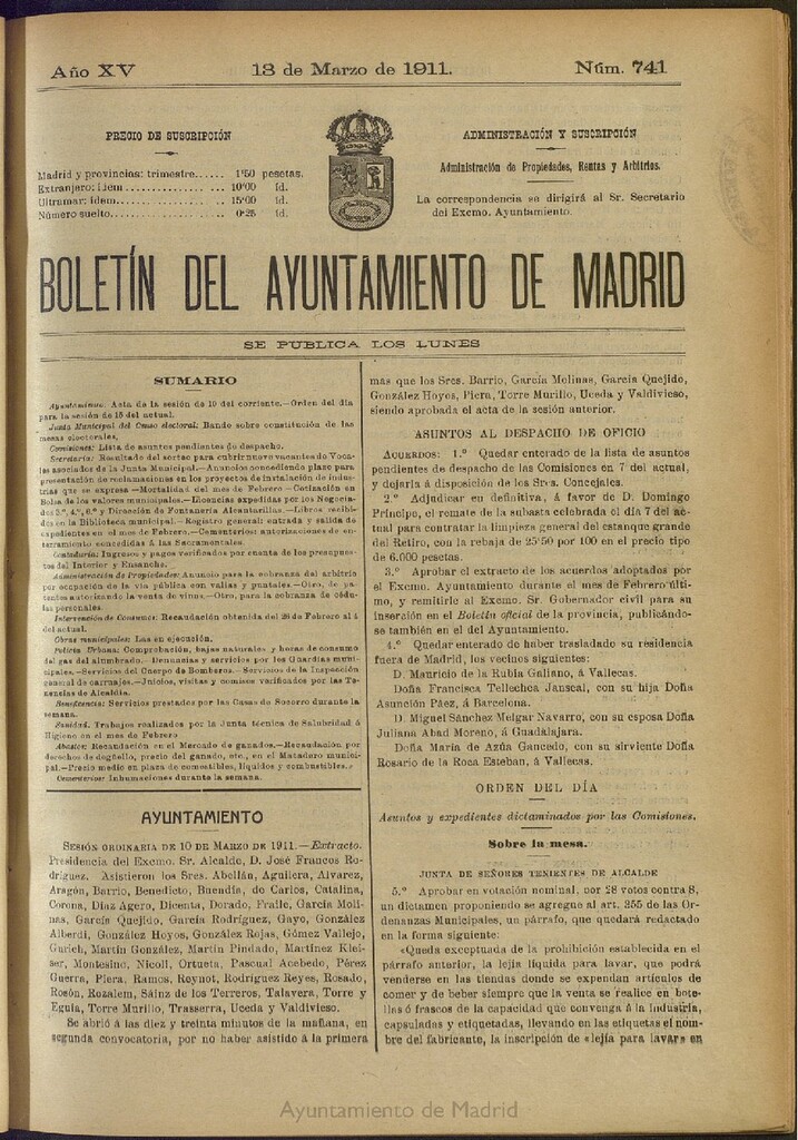 Miniatura de Boletín Oficial del Ayuntamiento de Madrid del 13 de marzo de 1911, nº 741
