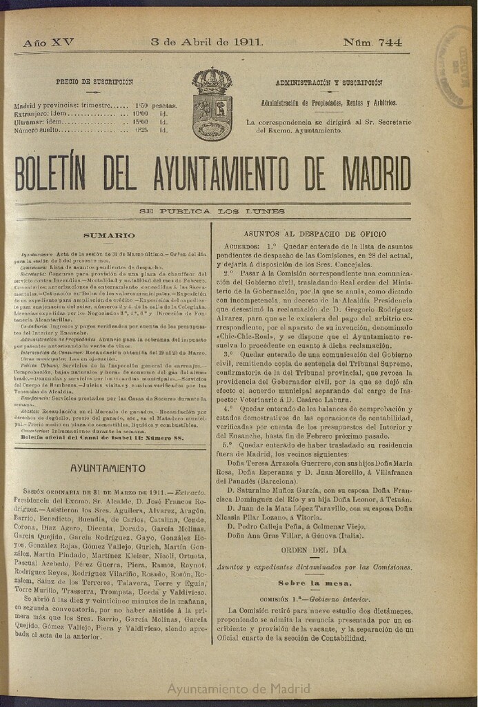 Miniatura de Boletín Oficial del Ayuntamiento de Madrid del 3 de abril de 1911, nº 744