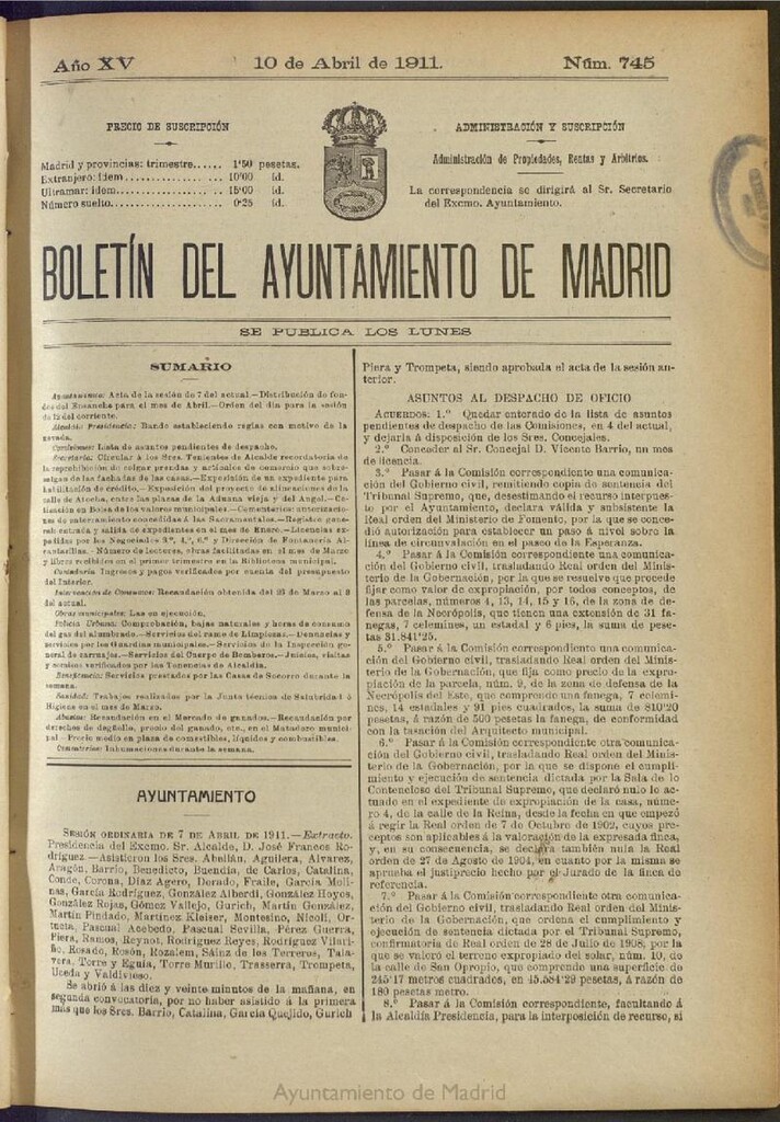 Miniatura de Boletín Oficial del Ayuntamiento de Madrid del 10 de abril de 1911, nº 745