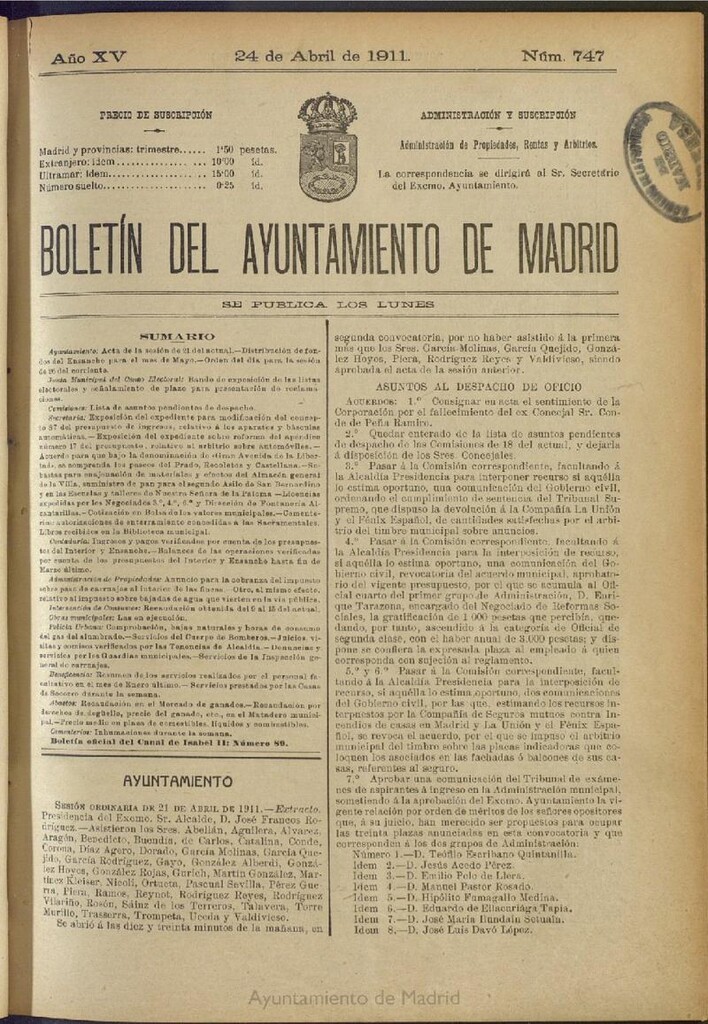 Miniatura de Boletín Oficial del Ayuntamiento de Madrid del 24 de abril de 1911, nº 747