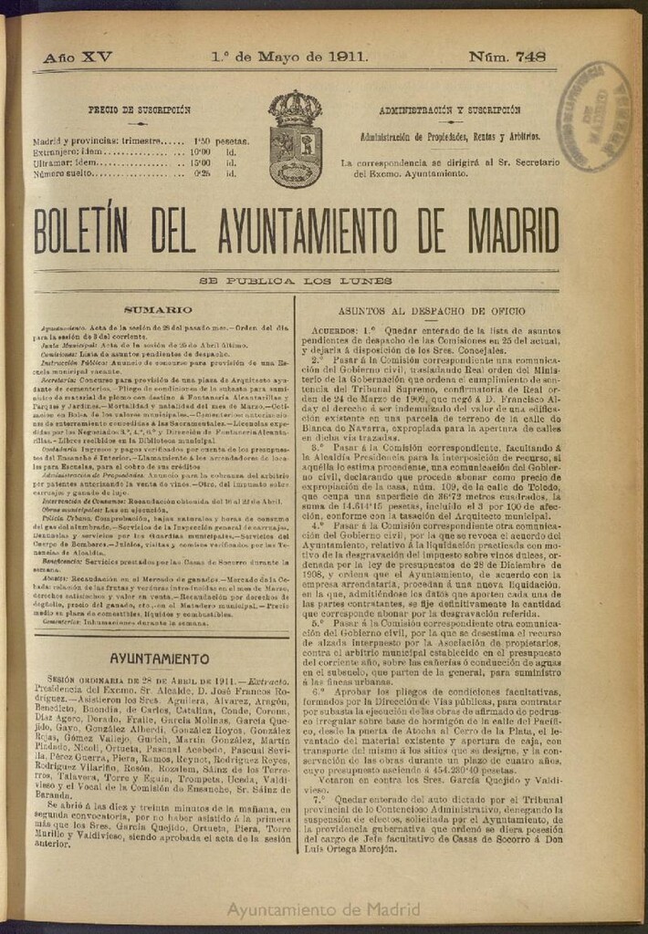 Miniatura de Boletín Oficial del Ayuntamiento de Madrid del 1 de mayo de 1911, nº 748