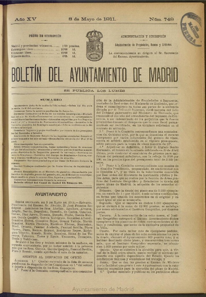 Miniatura de Boletín Oficial del Ayuntamiento de Madrid del 8 de mayo de 1911, nº 749