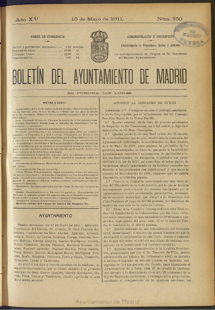 Miniatura de Boletín Oficial del Ayuntamiento de Madrid del 15 de mayo de 1911, nº 750