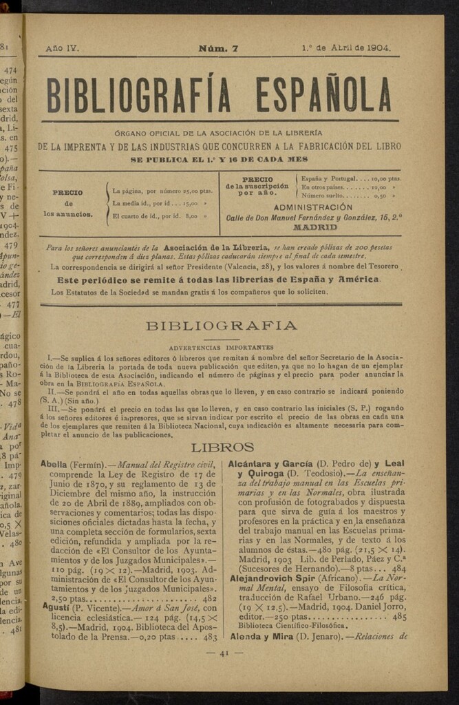 Miniatura de Bibliografía Española del 1 de abril de 1904
