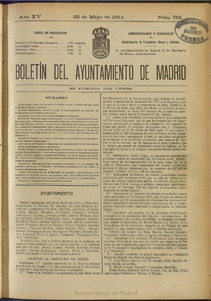 Miniatura de Boletín Oficial del Ayuntamiento de Madrid del 22 de mayo de 1911, nº 751