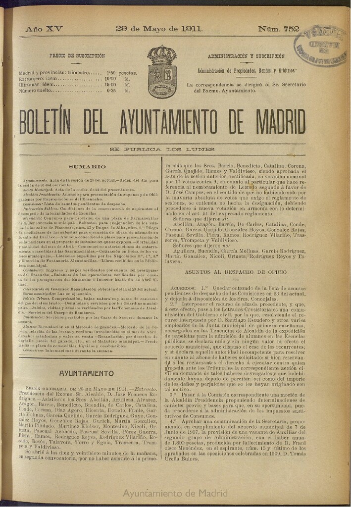 Miniatura de Boletín Oficial del Ayuntamiento de Madrid del 29 de mayo de 1911, nº 752