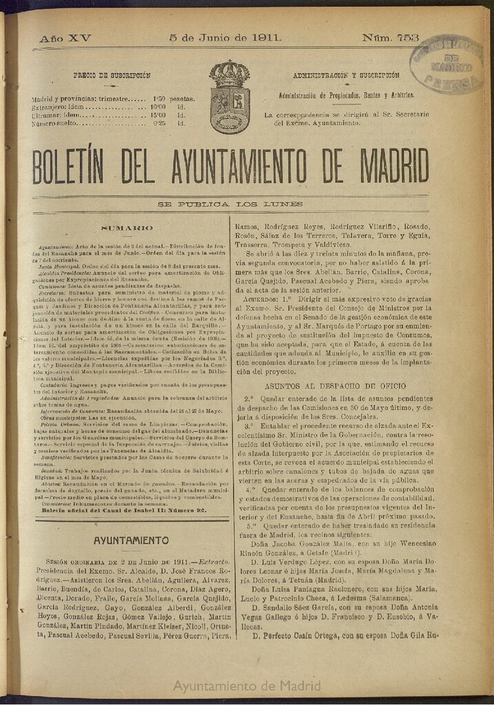 Miniatura de Boletín Oficial del Ayuntamiento de Madrid del 5 de junio de 1911, nº 753