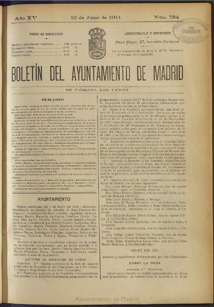 Miniatura de Boletín Oficial del Ayuntamiento de Madrid del 12 de junio de 1911, nº 754