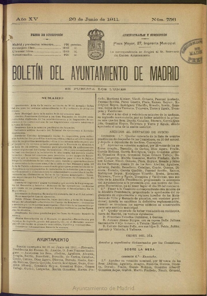 Miniatura de Boletín Oficial del Ayuntamiento de Madrid del 26 de junio de 1911, nº 756