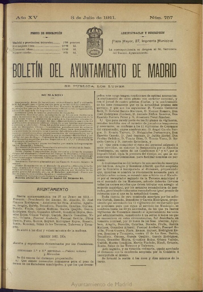 Miniatura de Boletín Oficial del Ayuntamiento de Madrid del 3 de julio de 1911, nº 757