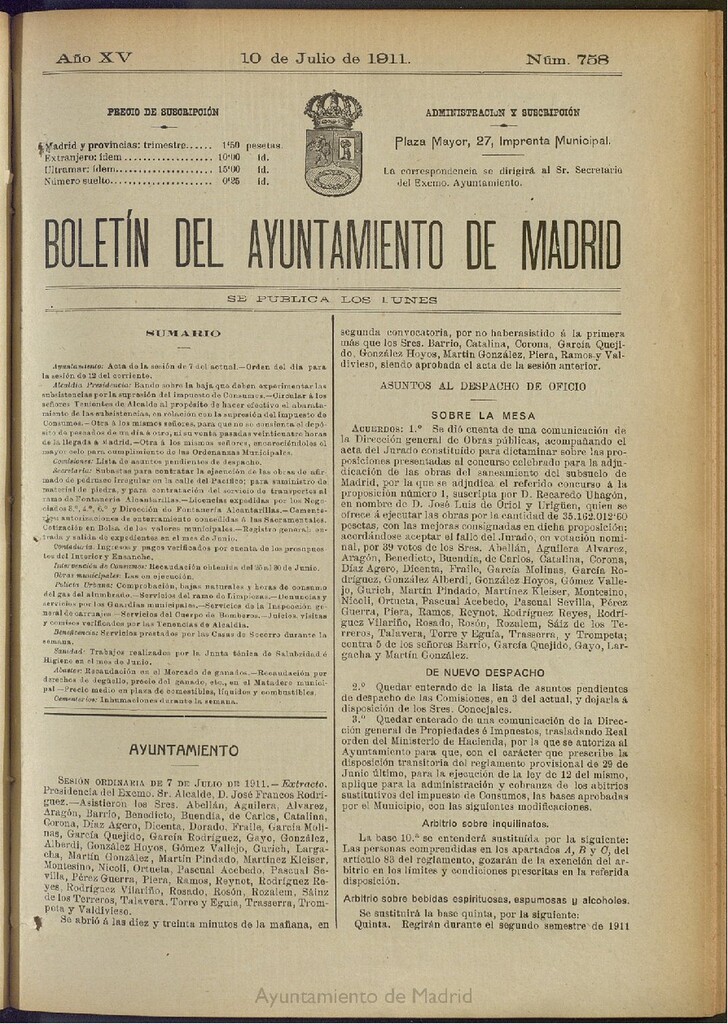 Miniatura de Boletín Oficial del Ayuntamiento de Madrid del 10 de julio de 1911, nº 758