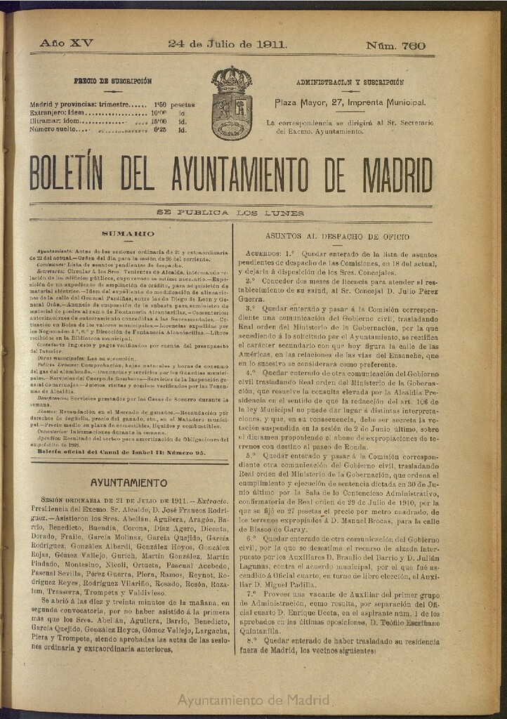 Miniatura de Boletín Oficial del Ayuntamiento de Madrid del 24 de julio de 1911, nº 760