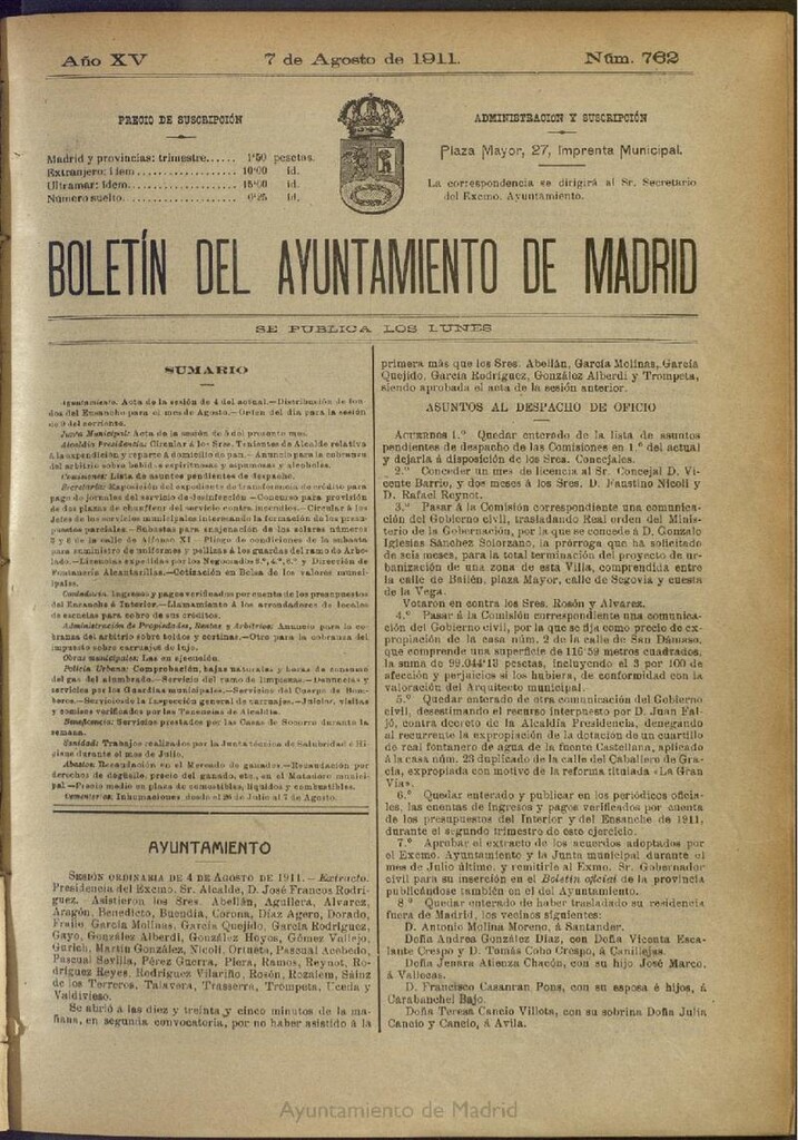 Miniatura de Boletín Oficial del Ayuntamiento de Madrid del 7 de agosto de 1911, nº 762