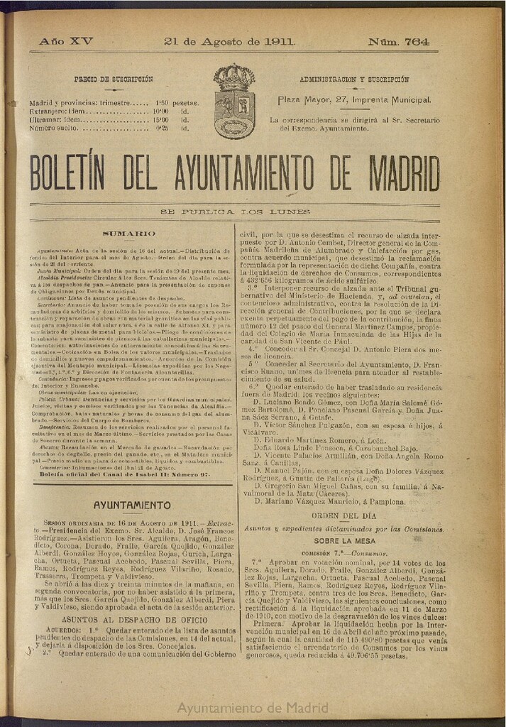 Miniatura de Boletín Oficial del Ayuntamiento de Madrid del 21 de agosto de 1911, nº 764