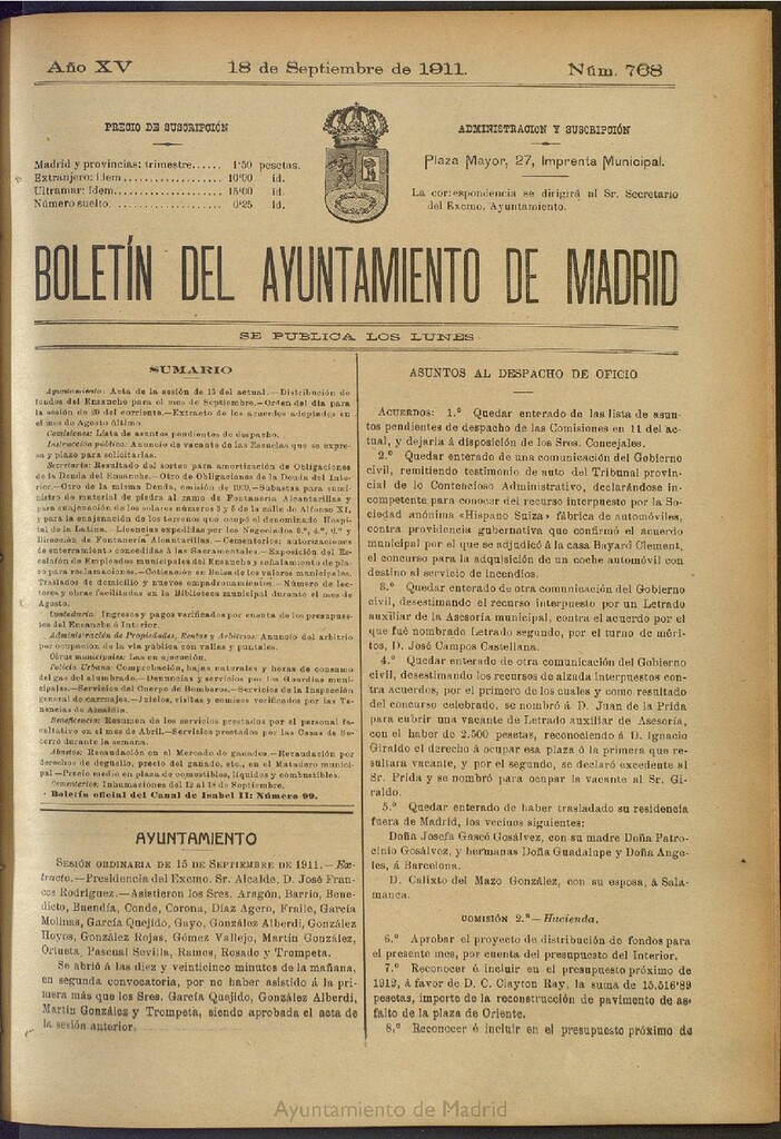 Miniatura de Boletín Oficial del Ayuntamiento de Madrid del 18 de septiembre de 1911, nº 768
