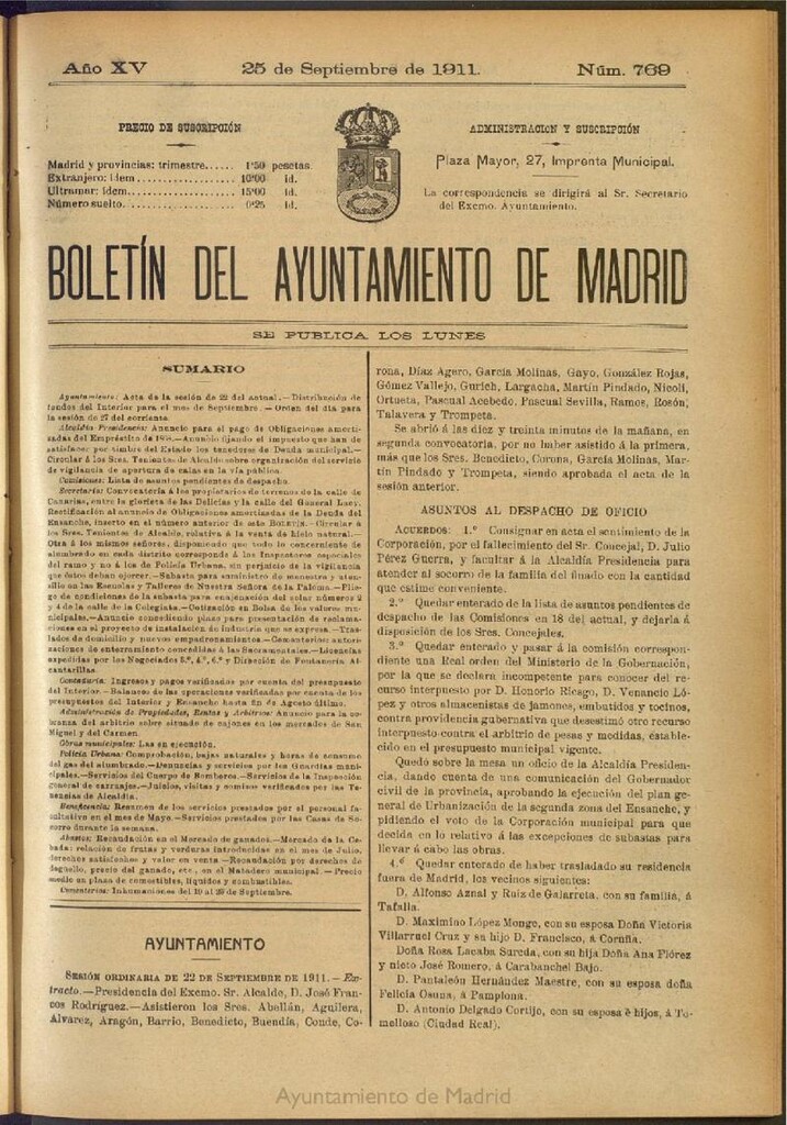 Miniatura de Boletín Oficial del Ayuntamiento de Madrid del 25 de septiembre de 1911, nº 769