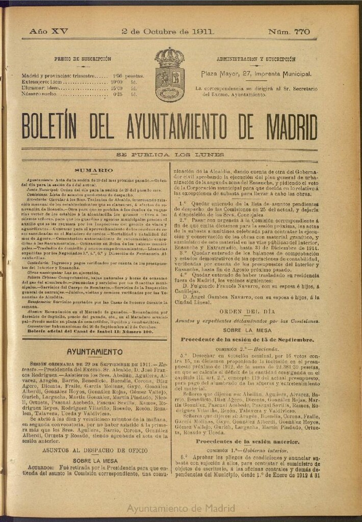 Miniatura de Boletín Oficial del Ayuntamiento de Madrid del 2 de octubre de 1911, nº 770