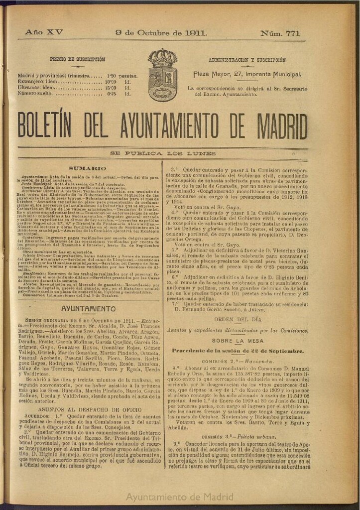 Miniatura de Boletín Oficial del Ayuntamiento de Madrid del 9 de octubre de 1911, nº 771