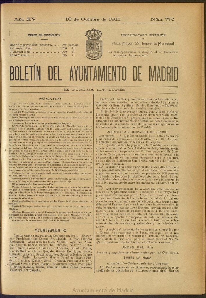 Miniatura de Boletín Oficial del Ayuntamiento de Madrid del 16 de octubre de 1911, nº 772