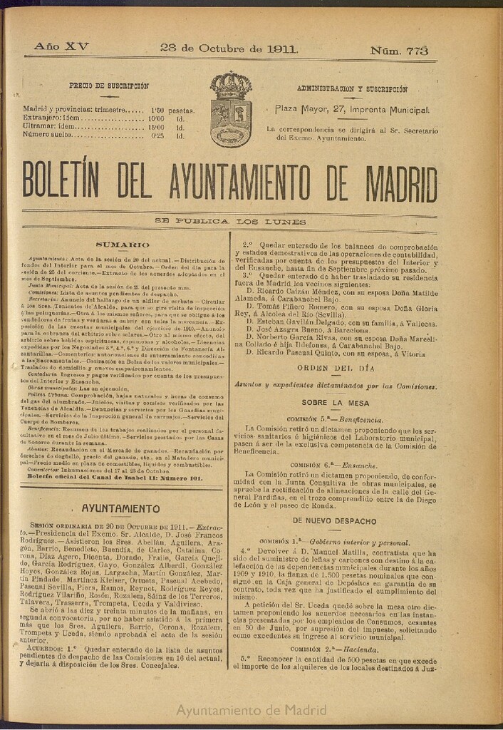 Miniatura de Boletín Oficial del Ayuntamiento de Madrid del 23 de octubre de 1911, nº 773