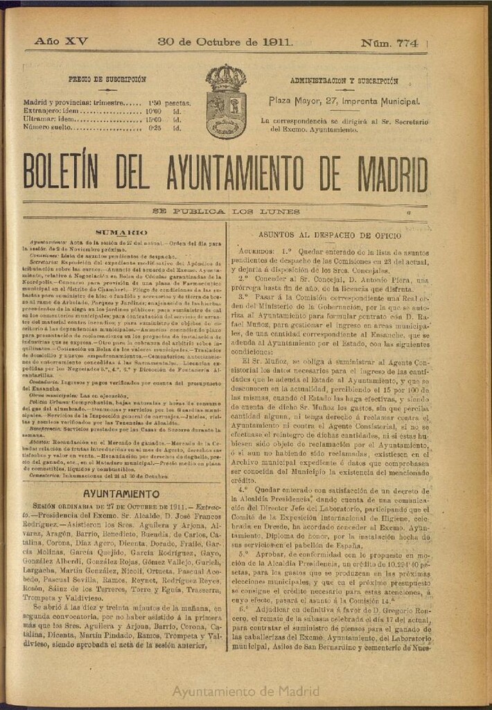 Miniatura de Boletín Oficial del Ayuntamiento de Madrid del 30 de octubre de 1911, nº 774