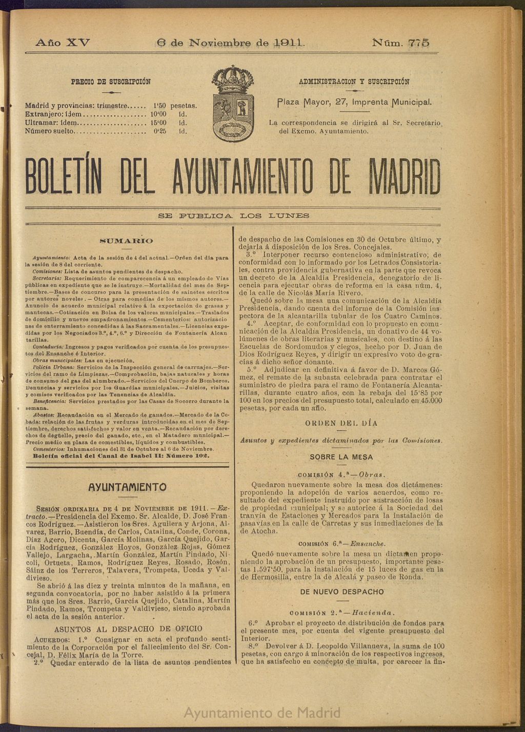 Miniatura de Boletín Oficial del Ayuntamiento de Madrid del 6 de noviembre de 1911, nº 775