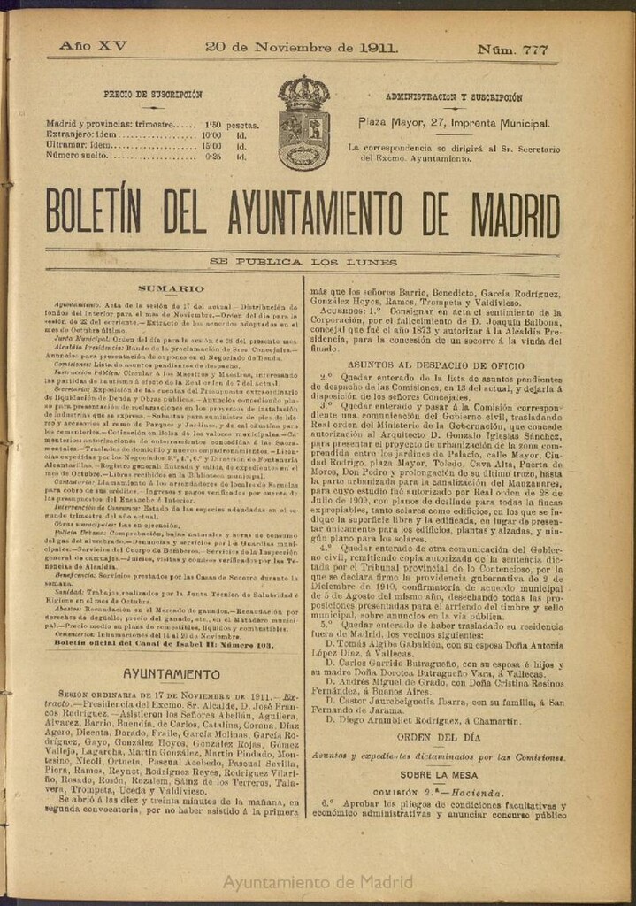 Miniatura de Boletín Oficial del Ayuntamiento de Madrid del 20 de noviembre de 1911, nº 777