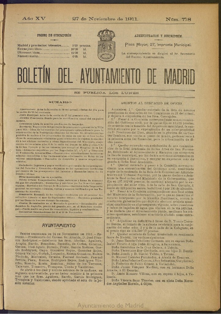 Miniatura de Boletín Oficial del Ayuntamiento de Madrid del 27 de noviembre de 1911, nº 778