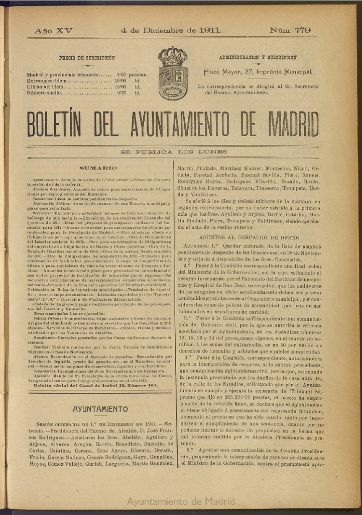 Miniatura de Boletín Oficial del Ayuntamiento de Madrid del 4 de diciembre de 1911, nº 779
